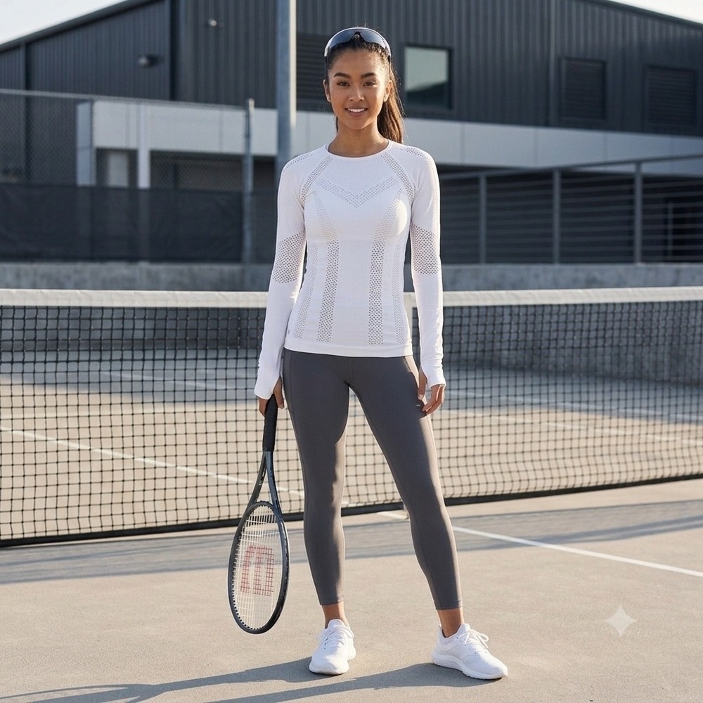 Athleta Momentum Seamless Long Sleeve Top White Mesh Thumbholes Womens S